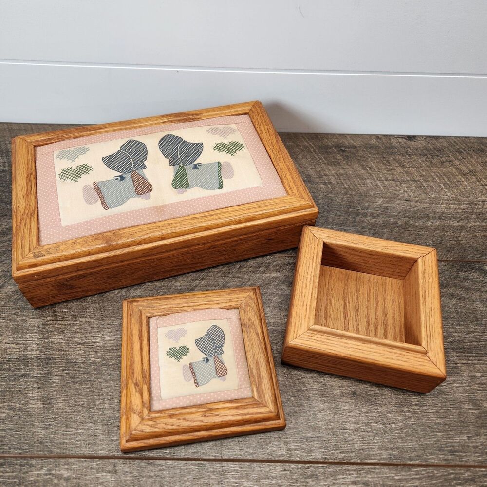 Vtg Tennessee Wood Crafters 2 Wooden Quilted Jewelry Trinket Boxes Cottagecore